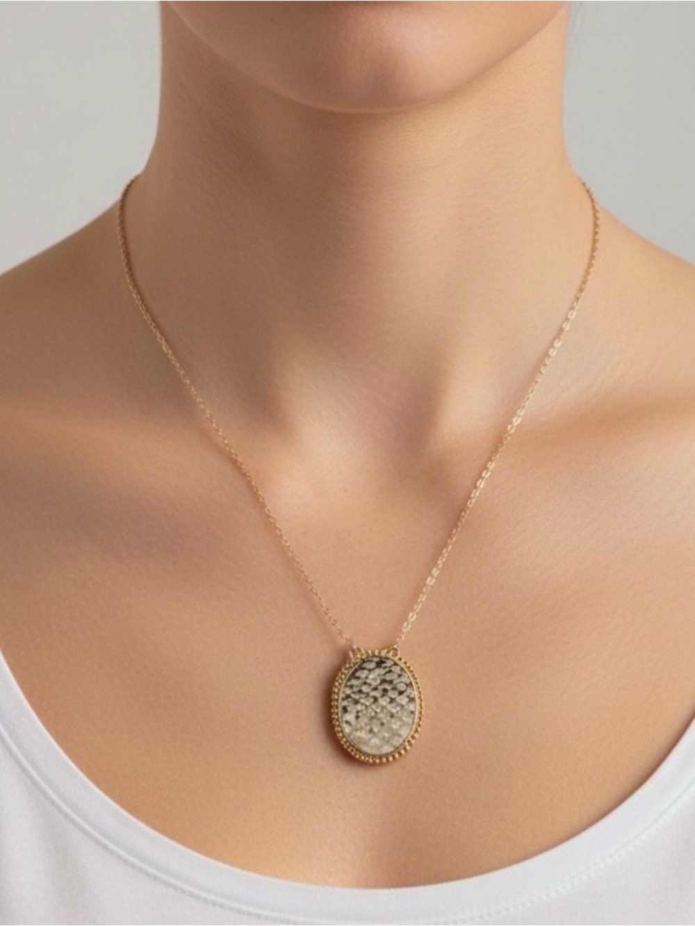 Gold Oval Textured Pendant Necklace - Women Jewelry